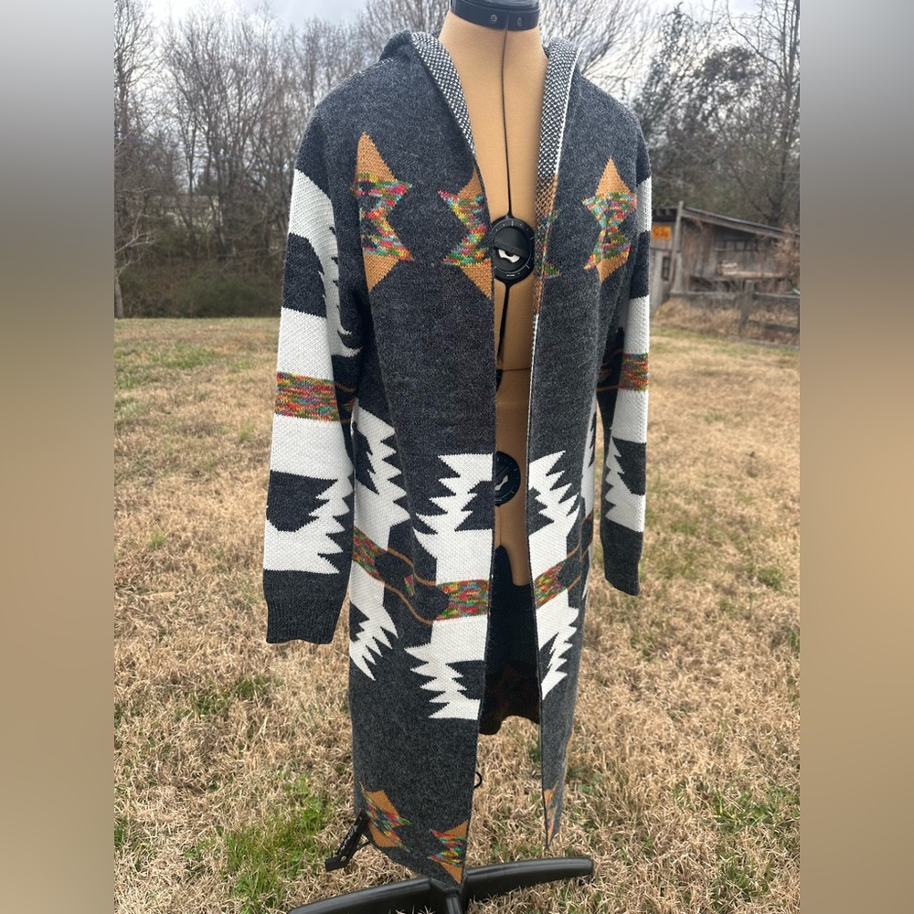 Gray Patterned Women's Sweater. Aztec. Long. Cardigan. Fun print - Picture 3 of 10